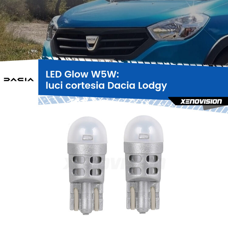 0 Luci Cortesia LED Dacia Lodgy 2012 in poi: W5W Glow a Luce Calda <strong>Luci Cortesia LED luce calda per Dacia Lodgy</strong> 2012 in poi. Coppia lampade <strong>W5W</strong> modello Glow di Xenovision.