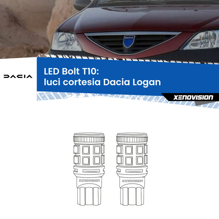0 Luci Cortesia LED Dacia Logan 2004 - 2011: T10 Bolt <strong>Luci Cortesia LED per Dacia Logan</strong> 2004 - 2011. Coppia lampade <strong>T10</strong> modello Bolt canbus.