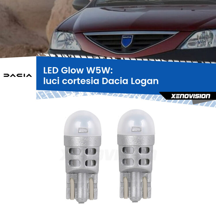 0 Luci Cortesia LED Dacia Logan 2004 - 2011: W5W Glow a Luce Calda <strong>Luci Cortesia LED luce calda per Dacia Logan</strong> 2004 - 2011. Coppia lampade <strong>W5W</strong> modello Glow di Xenovision.