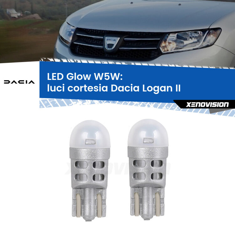 0 Luci Cortesia LED Dacia Logan II 2012 in poi: W5W Glow a Luce Calda <strong>Luci Cortesia LED luce calda per Dacia Logan</strong> II 2012 in poi. Coppia lampade <strong>W5W</strong> modello Glow di Xenovision.