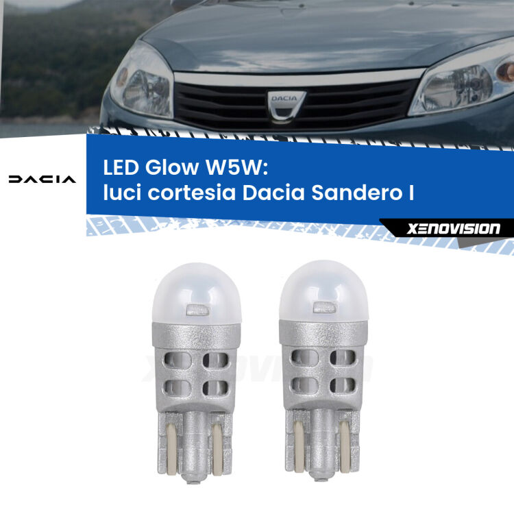 0 Luci Cortesia LED Dacia Sandero I 2008 - 2012: W5W Glow a Luce Calda <strong>Luci Cortesia LED luce calda per Dacia Sandero I</strong> 2008 - 2012. Coppia lampade <strong>W5W</strong> modello Glow di Xenovision.