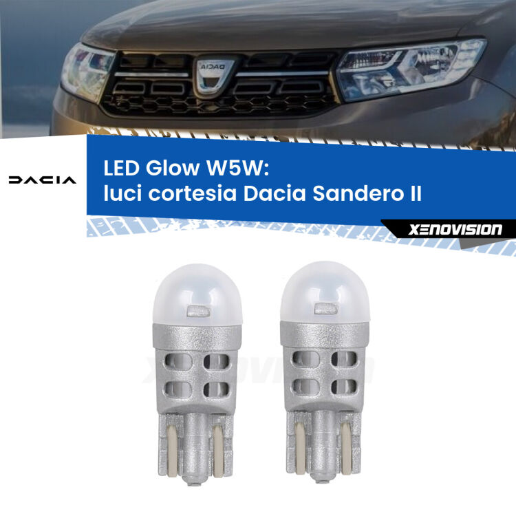 0 Luci Cortesia LED Dacia Sandero II 2012 in poi: W5W Glow a Luce Calda <strong>Luci Cortesia LED luce calda per Dacia Sandero II</strong> 2012 in poi. Coppia lampade <strong>W5W</strong> modello Glow di Xenovision.