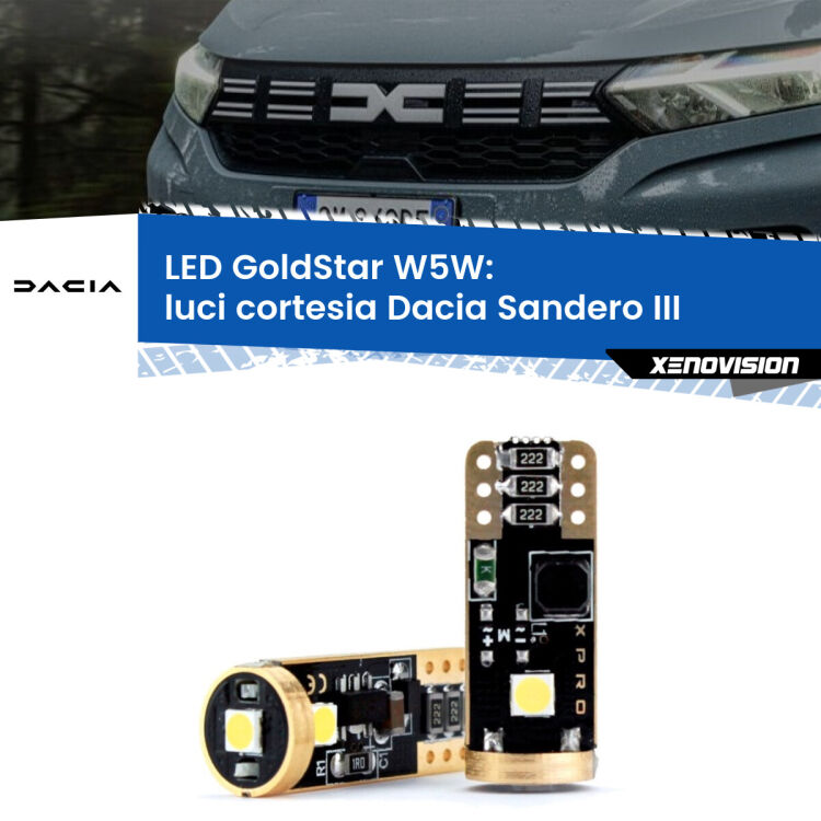 0 Luci Cortesia LED Dacia Sandero III 2020 in poi: T10 GoldStar <strong>Luci Cortesia LED Dacia Sandero III</strong> 2020 in poi: ottima luminosità a 360 gradi. Si inseriscono ovunque. Canbus, Top Quality.