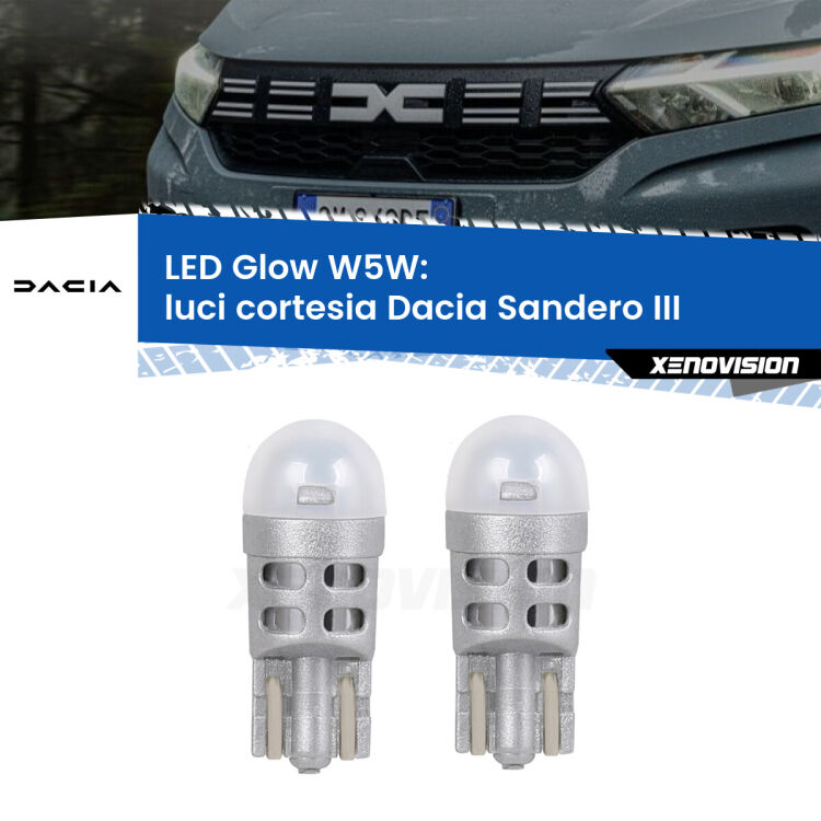 0 Luci Cortesia LED Dacia Sandero III 2020 in poi: W5W Glow a Luce Calda <strong>Luci Cortesia LED luce calda per Dacia Sandero III</strong> 2020 in poi. Coppia lampade <strong>W5W</strong> modello Glow di Xenovision.