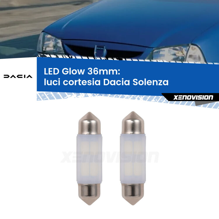 0 Luci Cortesia LED Dacia Solenza 2003 in poi: C5W Glow a Luce Calda (Coppia) <strong>Luci Cortesia LED luce calda per Dacia Solenza</strong> 2003 in poi. Coppia lampade <strong>C5W</strong> 36mm modello Glow di Xenovision.
