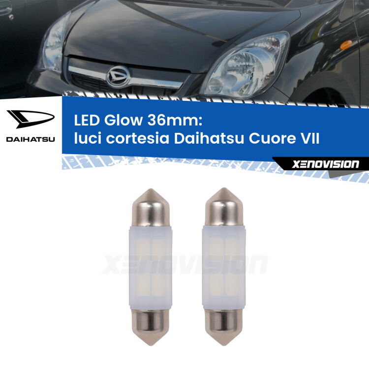 0 Luci Cortesia LED Daihatsu Cuore VII 2007 - 2018: C5W Glow a Luce Calda (Coppia) <strong>Luci Cortesia LED luce calda per Daihatsu Cuore VII</strong> 2007 - 2018. Coppia lampade <strong>C5W</strong> 36mm modello Glow di Xenovision.
