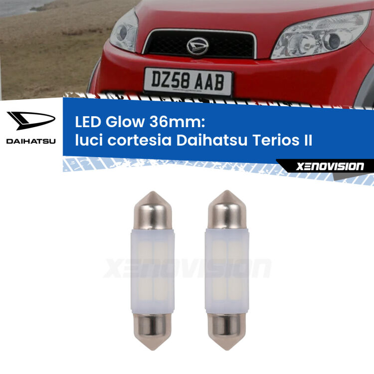 Luci Cortesia LED Daihatsu Terios II posteriori: C5W Glow a Luce Calda (Coppia) <strong>Luci Cortesia LED luce calda per Daihatsu Terios</strong> II posteriori. Coppia lampade <strong>C5W</strong> 36mm modello Glow di Xenovision.