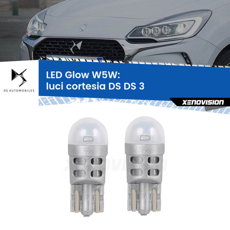 0 Luci Cortesia LED DS DS 3 2015 in poi: W5W Glow a Luce Calda <strong>Luci Cortesia LED luce calda per DS DS 3</strong> 2015 in poi. Coppia lampade <strong>W5W</strong> modello Glow di Xenovision.