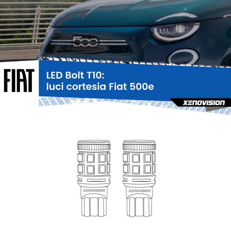 0 Luci Cortesia LED Fiat 500e 2020 in poi: T10 Bolt <strong>Luci Cortesia LED per Fiat 500e</strong> 2020 in poi. Coppia lampade <strong>T10</strong> modello Bolt canbus.