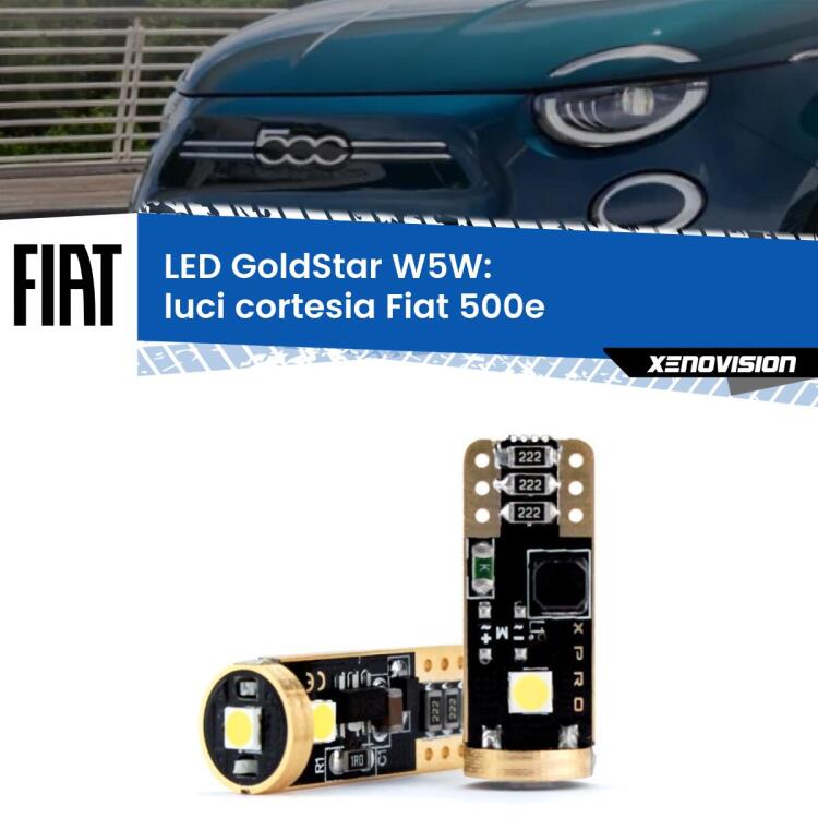 0 Luci Cortesia LED Fiat 500e 2020 in poi: T10 GoldStar <strong>Luci Cortesia LED Fiat 500e</strong> 2020 in poi: ottima luminosità a 360 gradi. Si inseriscono ovunque. Canbus, Top Quality.