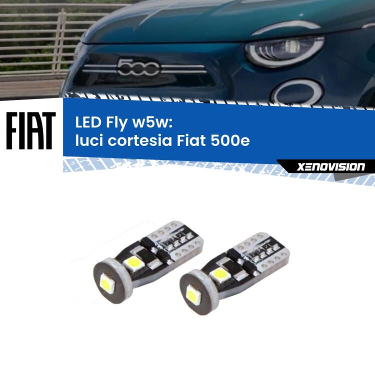 0 Luci Cortesia LED Fiat 500e 2020 in poi: W5W Fly <strong>luci cortesia LED per Fiat 500e</strong> 2020 in poi. Coppia lampadine <strong>w5w</strong> Canbus compatte modello Fly Xenovision.