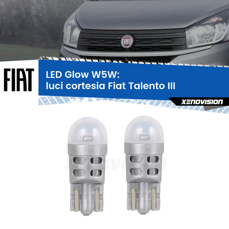 0 Luci Cortesia LED Fiat Talento III 2016 - 2020: W5W Glow a Luce Calda <strong>Luci Cortesia LED luce calda per Fiat Talento</strong> III 2016 - 2020. Coppia lampade <strong>W5W</strong> modello Glow di Xenovision.