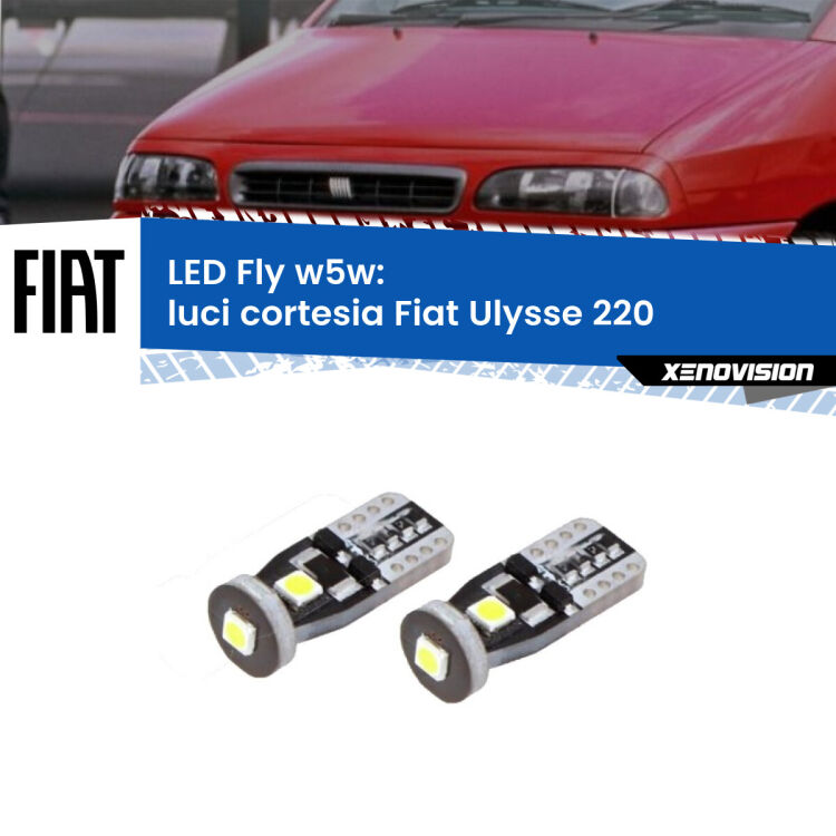 0 Luci Cortesia LED Fiat Ulysse 220 1994 - 2002: W5W Fly <strong>luci cortesia LED per Fiat Ulysse</strong> 220 1994 - 2002. Coppia lampadine <strong>w5w</strong> Canbus compatte modello Fly Xenovision.