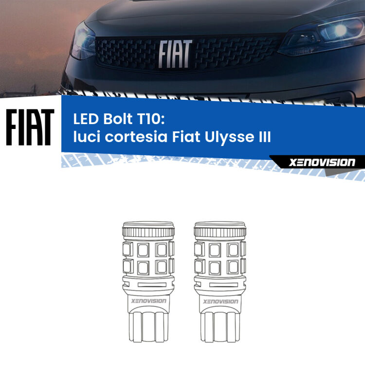 0 Luci Cortesia LED Fiat Ulysse III 2022 in poi: T10 Bolt <strong>Luci Cortesia LED per Fiat Ulysse</strong> III 2022 in poi. Coppia lampade <strong>T10</strong> modello Bolt canbus.