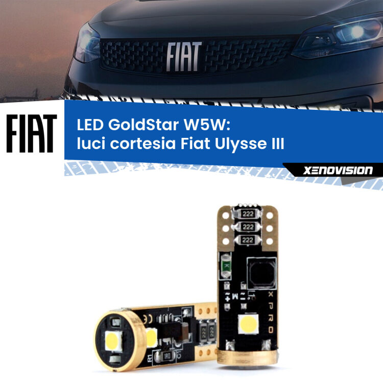0 Luci Cortesia LED Fiat Ulysse III 2022 in poi: T10 GoldStar <strong>Luci Cortesia LED Fiat Ulysse</strong> III 2022 in poi: ottima luminosità a 360 gradi. Si inseriscono ovunque. Canbus, Top Quality.