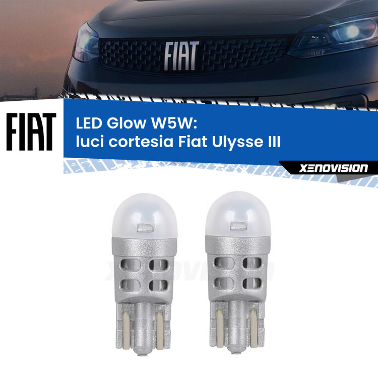 0 Luci Cortesia LED Fiat Ulysse III 2022 in poi: W5W Glow a Luce Calda <strong>Luci Cortesia LED luce calda per Fiat Ulysse</strong> III 2022 in poi. Coppia lampade <strong>W5W</strong> modello Glow di Xenovision.