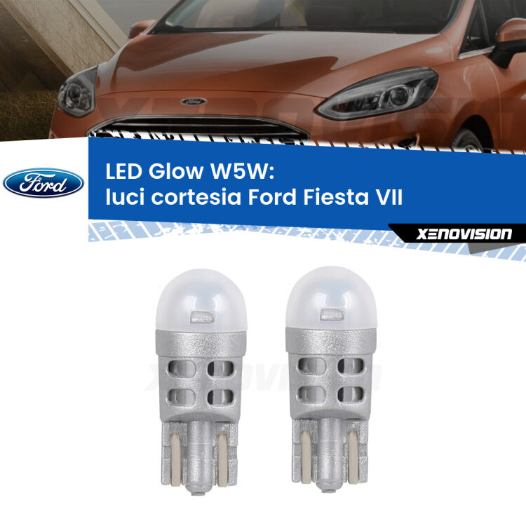 0 Luci Cortesia LED Ford Fiesta Mk7 2017 - 2020: W5W Glow a Luce Calda <strong>Luci Cortesia LED luce calda per Ford Fiesta</strong> Mk7 2017 - 2020. Coppia lampade <strong>W5W</strong> modello Glow di Xenovision.