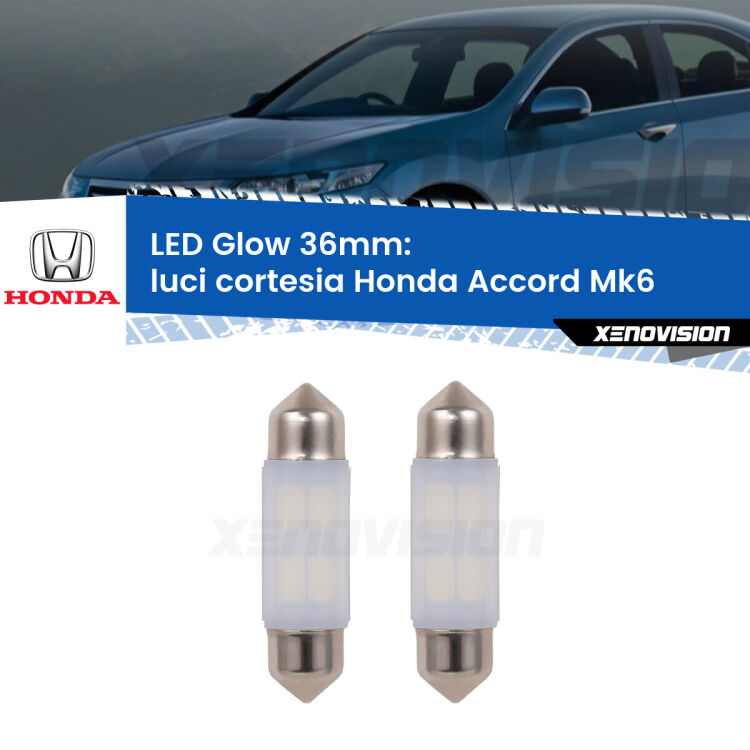 Luci Cortesia LED Honda Accord Mk6 1997 - 2002: C5W Glow a Luce Calda (Coppia) <strong>Luci Cortesia LED luce calda per Honda Accord</strong> Mk6 1997 - 2002. Coppia lampade <strong>C5W</strong> 36mm modello Glow di Xenovision.