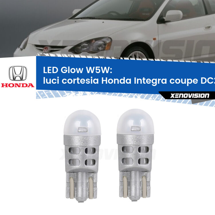 Luci Cortesia LED Honda Integra coupe DC2, DC4 1997 - 2001: W5W Glow a Luce Calda <strong>Luci Cortesia LED luce calda per Honda Integra coupe</strong> DC2, DC4 1997 - 2001. Coppia lampade <strong>W5W</strong> modello Glow di Xenovision.