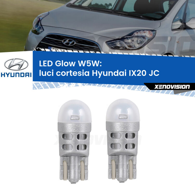 0 Luci Cortesia LED Hyundai IX20 JC laterali: W5W Glow a Luce Calda <strong>Luci Cortesia LED luce calda per Hyundai IX20</strong> JC laterali. Coppia lampade <strong>W5W</strong> modello Glow di Xenovision.