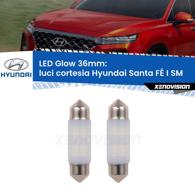 Luci Cortesia LED Hyundai Santa FÉ I SM 2001 - 2012: C5W Glow a Luce Calda (Coppia) <strong>Luci Cortesia LED luce calda per Hyundai Santa FÉ I</strong> SM 2001 - 2012. Coppia lampade <strong>C5W</strong> 36mm modello Glow di Xenovision.
