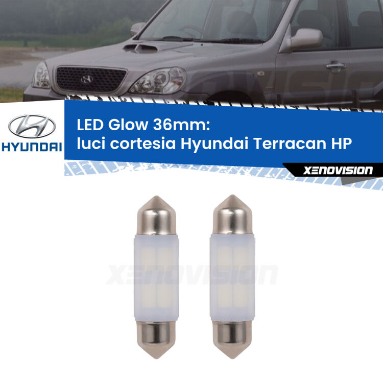 Luci Cortesia LED Hyundai Terracan HP 2001 - 2006: C5W Glow a Luce Calda (Coppia) <strong>Luci Cortesia LED luce calda per Hyundai Terracan</strong> HP 2001 - 2006. Coppia lampade <strong>C5W</strong> 36mm modello Glow di Xenovision.