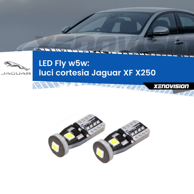 0 Luci Cortesia LED Jaguar XF X250 2007 - 2015: W5W Fly <strong>luci cortesia LED per Jaguar XF</strong> X250 2007 - 2015. Coppia lampadine <strong>w5w</strong> Canbus compatte modello Fly Xenovision.