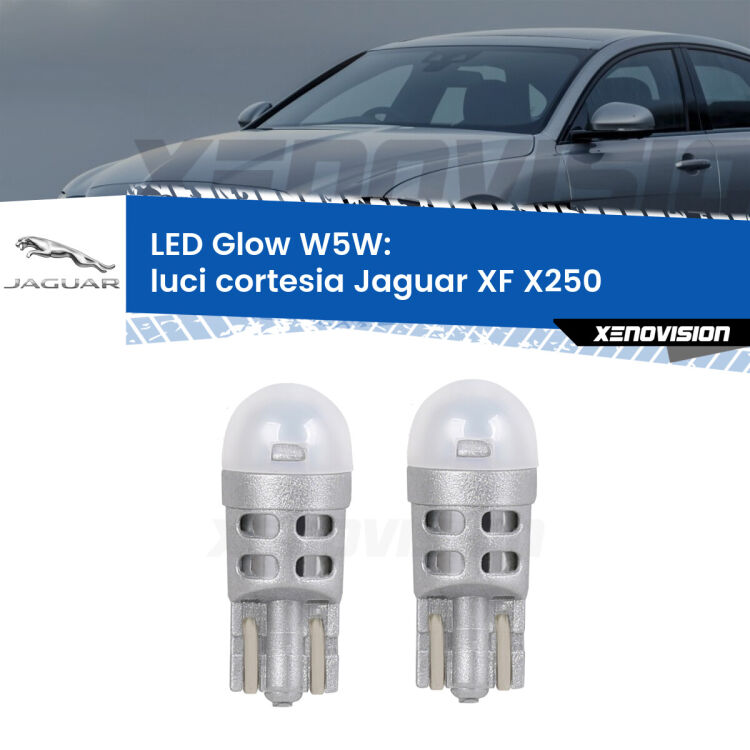 0 Luci Cortesia LED Jaguar XF X250 2007 - 2015: W5W Glow a Luce Calda <strong>Luci Cortesia LED luce calda per Jaguar XF</strong> X250 2007 - 2015. Coppia lampade <strong>W5W</strong> modello Glow di Xenovision.