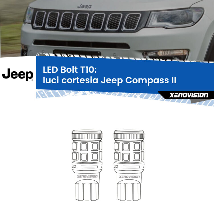 0 Luci Cortesia LED Jeep Compass II 2017 in poi: T10 Bolt <strong>Luci Cortesia LED per Jeep Compass</strong> II 2017 in poi. Coppia lampade <strong>T10</strong> modello Bolt canbus.