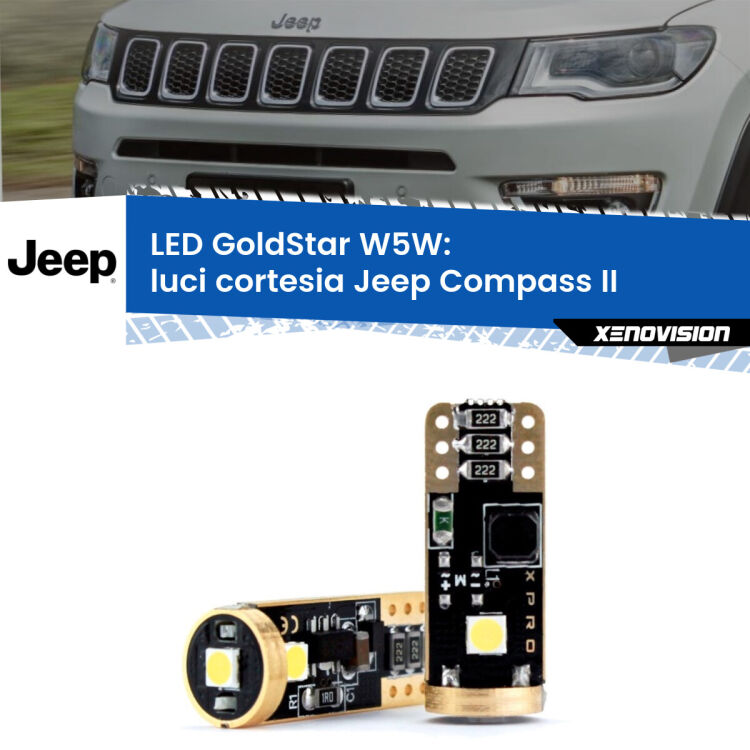 0 Luci Cortesia LED Jeep Compass II 2017 in poi: T10 GoldStar <strong>Luci Cortesia LED Jeep Compass</strong> II 2017 in poi: ottima luminosità a 360 gradi. Si inseriscono ovunque. Canbus, Top Quality.