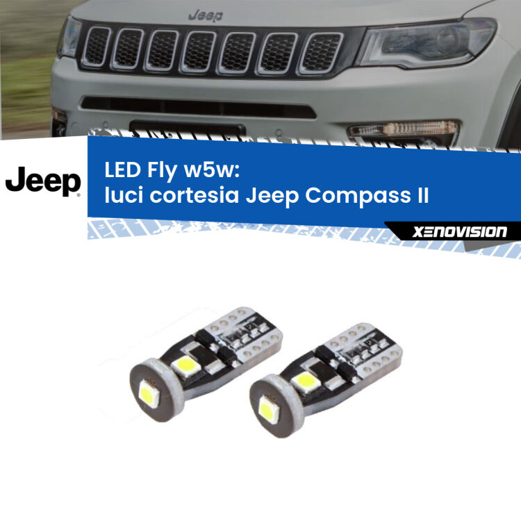 0 Luci Cortesia LED Jeep Compass II 2017 in poi: W5W Fly <strong>luci cortesia LED per Jeep Compass</strong> II 2017 in poi. Coppia lampadine <strong>w5w</strong> Canbus compatte modello Fly Xenovision.
