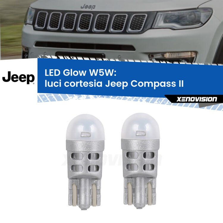 0 Luci Cortesia LED Jeep Compass II 2017 in poi: W5W Glow a Luce Calda <strong>Luci Cortesia LED luce calda per Jeep Compass</strong> II 2017 in poi. Coppia lampade <strong>W5W</strong> modello Glow di Xenovision.