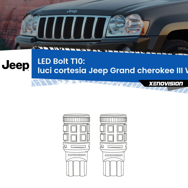 Luci Cortesia LED Jeep Grand cherokee III WK 2005 - 2010: T10 Bolt <strong>Luci Cortesia LED per Jeep Grand cherokee III</strong> WK 2005 - 2010. Coppia lampade <strong>T10</strong> modello Bolt canbus.