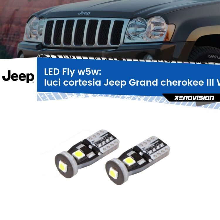 Luci Cortesia LED Jeep Grand cherokee III WK 2005 - 2010: W5W Fly <strong>luci cortesia LED per Jeep Grand cherokee III</strong> WK 2005 - 2010. Coppia lampadine <strong>w5w</strong> Canbus compatte modello Fly Xenovision.