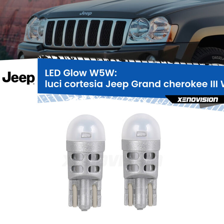 Luci Cortesia LED Jeep Grand cherokee III WK 2005 - 2010: W5W Glow a Luce Calda <strong>Luci Cortesia LED luce calda per Jeep Grand cherokee III</strong> WK 2005 - 2010. Coppia lampade <strong>W5W</strong> modello Glow di Xenovision.