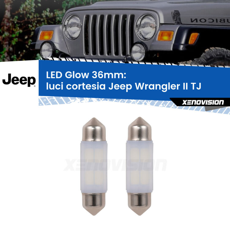 Luci Cortesia LED Jeep Wrangler II TJ 1996 - 2005: C5W Glow a Luce Calda (Coppia) <strong>Luci Cortesia LED luce calda per Jeep Wrangler II</strong> TJ 1996 - 2005. Coppia lampade <strong>C5W</strong> 36mm modello Glow di Xenovision.