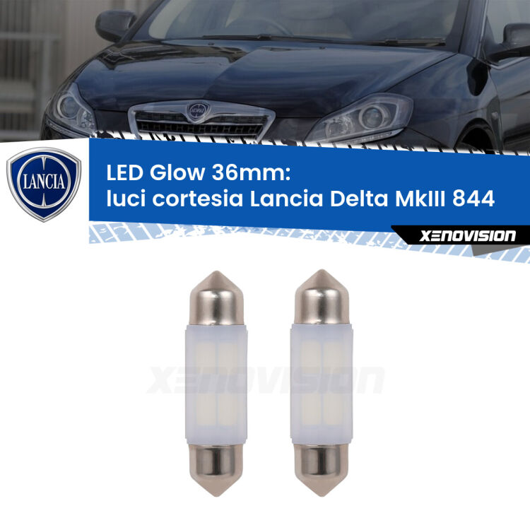 Luci Cortesia LED Lancia Delta MkIII 844 2008 - 2014: C5W Glow a Luce Calda (Coppia) <strong>Luci Cortesia LED luce calda per Lancia Delta MkIII</strong> 844 2008 - 2014. Coppia lampade <strong>C5W</strong> 36mm modello Glow di Xenovision.