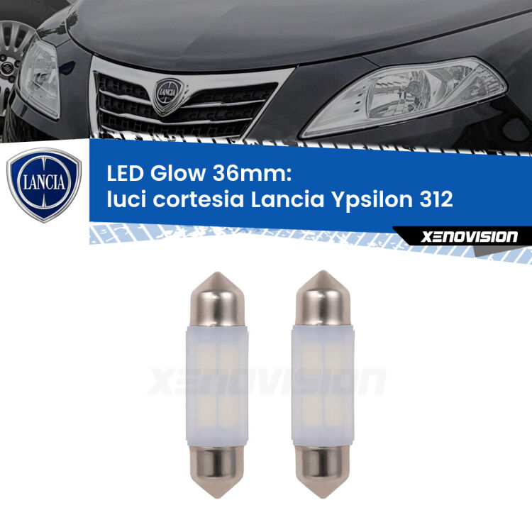 Luci Cortesia LED Lancia Ypsilon II 312 2011 in poi: C5W Glow a Luce Calda (Coppia) <strong>Luci Cortesia LED luce calda per Lancia Ypsilon</strong> II 312 2011 in poi. Coppia lampade <strong>C5W</strong> 36mm modello Glow di Xenovision.