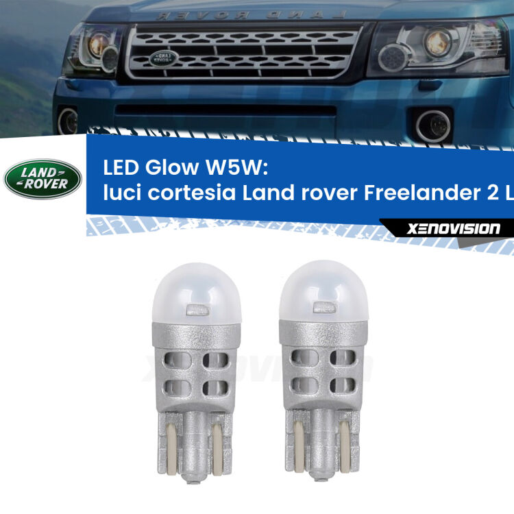Luci Cortesia LED Land rover Freelander 2 L359 2006 - 2014: W5W Glow a Luce Calda <strong>Luci Cortesia LED luce calda per Land rover Freelander 2</strong> L359 2006 - 2014. Coppia lampade <strong>W5W</strong> modello Glow di Xenovision.