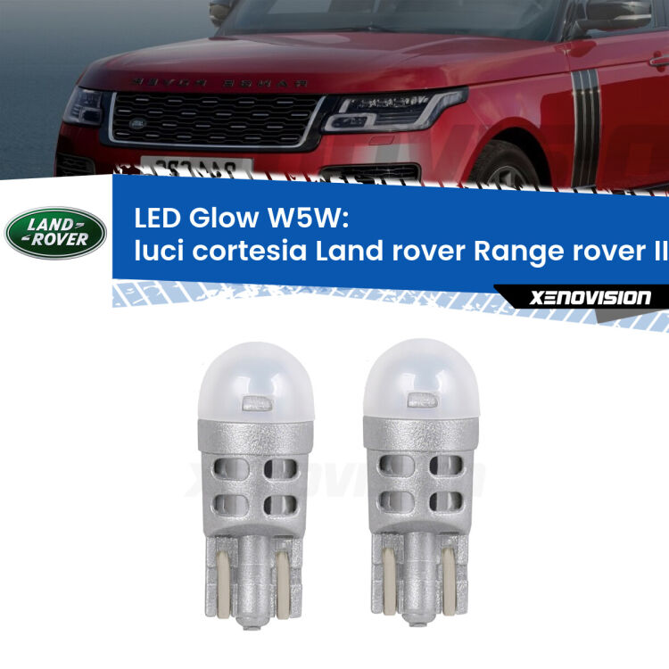 Luci Cortesia LED Land rover Range rover III L322 2002 - 2012: W5W Glow a Luce Calda <strong>Luci Cortesia LED luce calda per Land rover Range rover III</strong> L322 2002 - 2012. Coppia lampade <strong>W5W</strong> modello Glow di Xenovision.