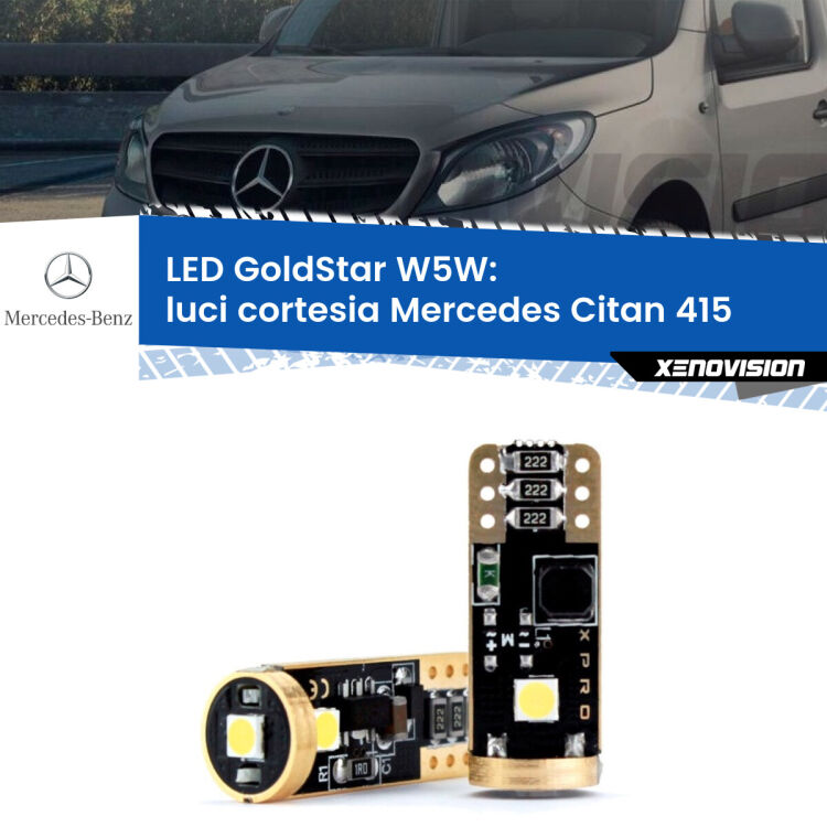 0 Luci Cortesia LED Mercedes Citan 415 2012 in poi: T10 GoldStar <strong>Luci Cortesia LED Mercedes Citan</strong> 415 2012 in poi: ottima luminosità a 360 gradi. Si inseriscono ovunque. Canbus, Top Quality.