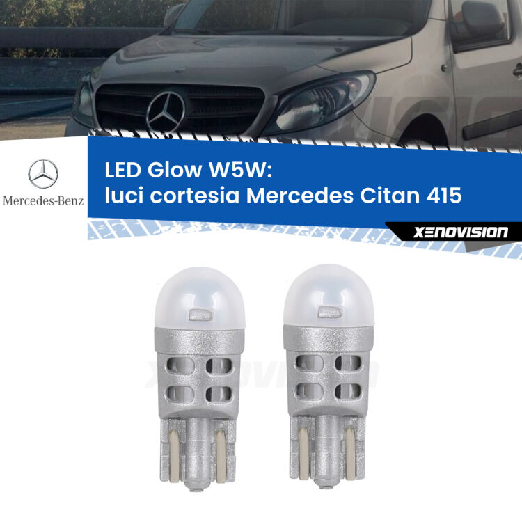 Luci Cortesia LED Mercedes Citan 415 2012 in poi: W5W Glow a Luce Calda <strong>Luci Cortesia LED luce calda per Mercedes Citan</strong> 415 2012 in poi. Coppia lampade <strong>W5W</strong> modello Glow di Xenovision.