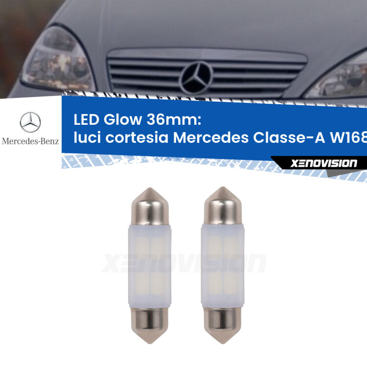 Luci Cortesia LED Mercedes Classe-A W168 1997 - 2004: C5W Glow a Luce Calda (Coppia) <strong>Luci Cortesia LED luce calda per Mercedes Classe-A</strong> W168 1997 - 2004. Coppia lampade <strong>C5W</strong> 36mm modello Glow di Xenovision.