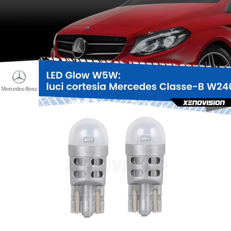 Luci Cortesia LED Mercedes Classe-B W246, W242 2011 - 2018: W5W Glow a Luce Calda <strong>Luci Cortesia LED luce calda per Mercedes Classe-B</strong> W246, W242 2011 - 2018. Coppia lampade <strong>W5W</strong> modello Glow di Xenovision.