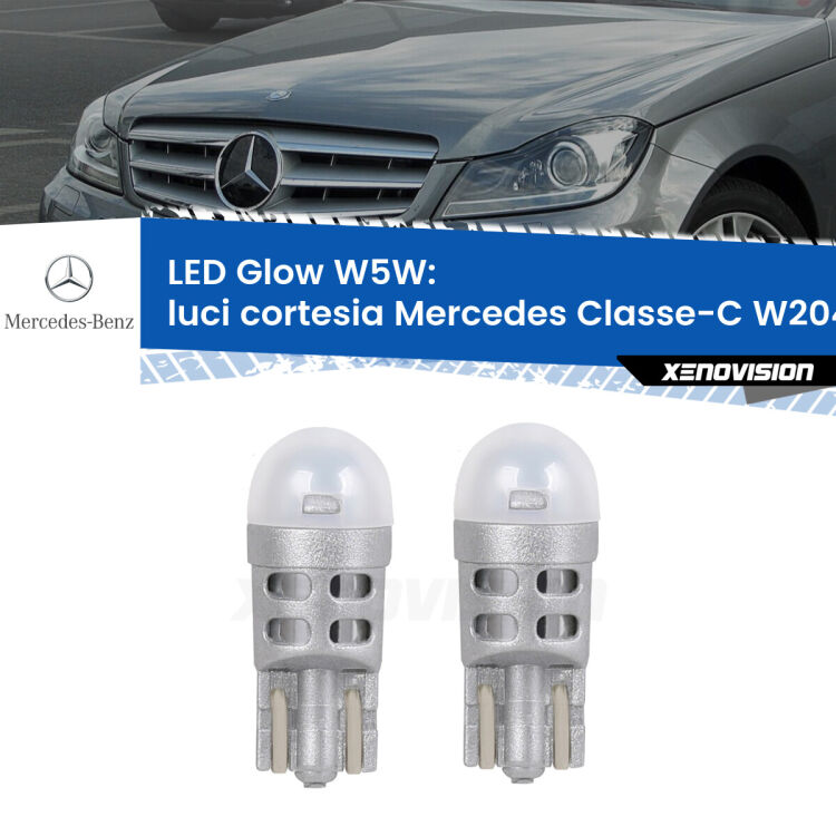 Luci Cortesia LED Mercedes Classe-C W204 anteriori: W5W Glow a Luce Calda <strong>Luci Cortesia LED luce calda per Mercedes Classe-C</strong> W204 anteriori. Coppia lampade <strong>W5W</strong> modello Glow di Xenovision.