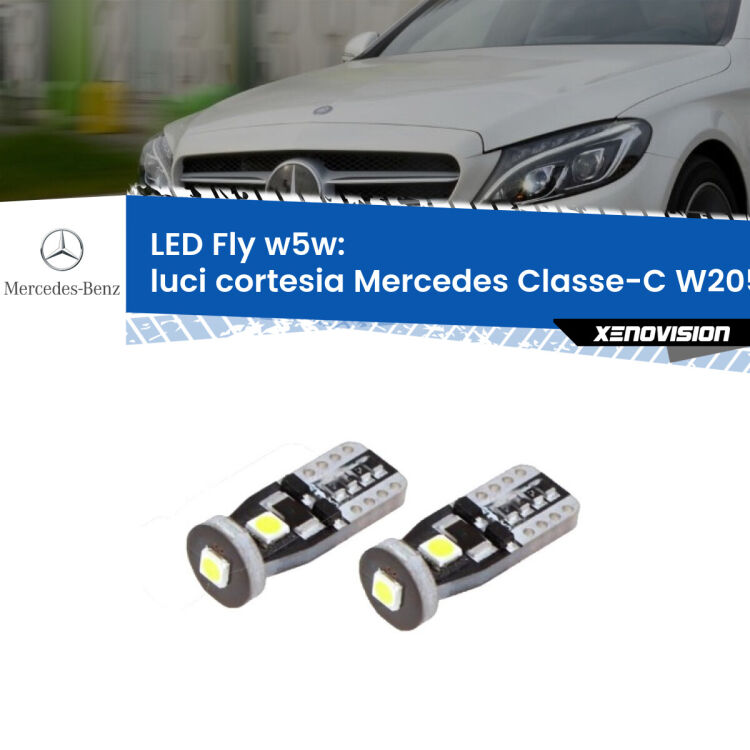 Luci Cortesia LED Mercedes Classe-C W205 2013 - 2018: W5W Fly <strong>luci cortesia LED per Mercedes Classe-C</strong> W205 2013 - 2018. Coppia lampadine <strong>w5w</strong> Canbus compatte modello Fly Xenovision.