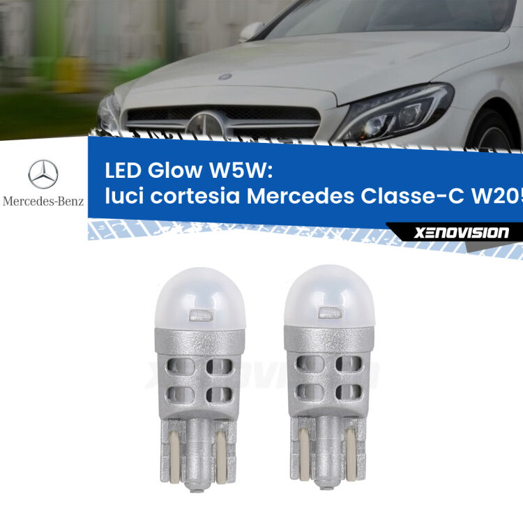 Luci Cortesia LED Mercedes Classe-C W205 2013 - 2018: W5W Glow a Luce Calda <strong>Luci Cortesia LED luce calda per Mercedes Classe-C</strong> W205 2013 - 2018. Coppia lampade <strong>W5W</strong> modello Glow di Xenovision.