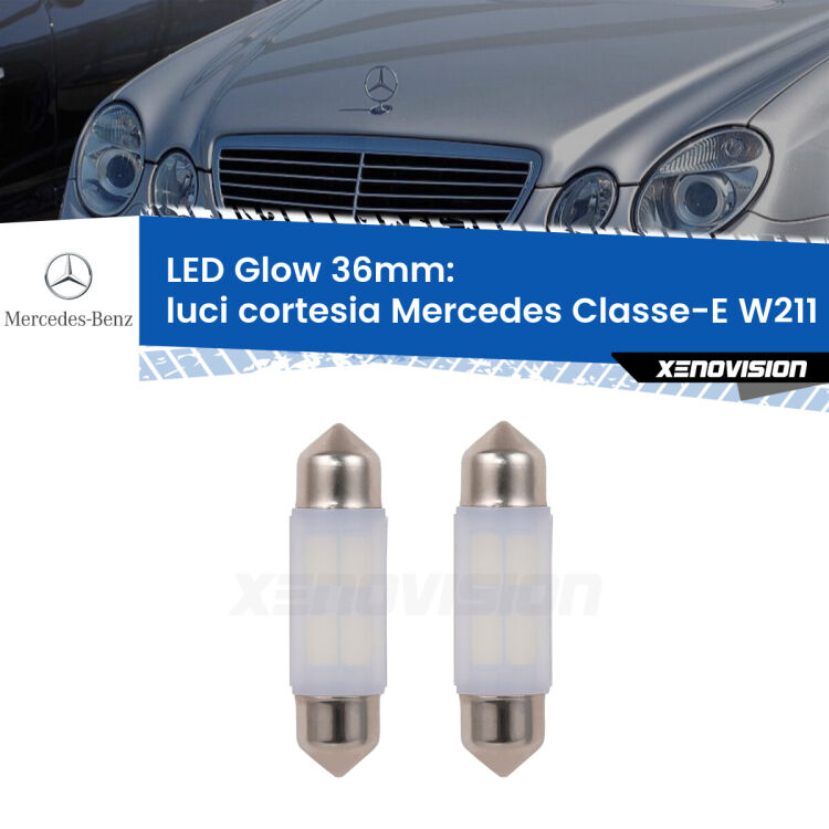 Luci Cortesia LED Mercedes Classe-E W211 2002 - 2009: C5W Glow a Luce Calda (Coppia) <strong>Luci Cortesia LED luce calda per Mercedes Classe-E</strong> W211 2002 - 2009. Coppia lampade <strong>C5W</strong> 36mm modello Glow di Xenovision.