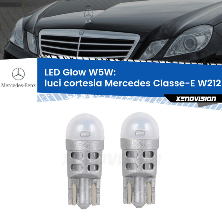Luci Cortesia LED Mercedes Classe-E W212 anteriori: W5W Glow a Luce Calda <strong>Luci Cortesia LED luce calda per Mercedes Classe-E</strong> W212 anteriori. Coppia lampade <strong>W5W</strong> modello Glow di Xenovision.