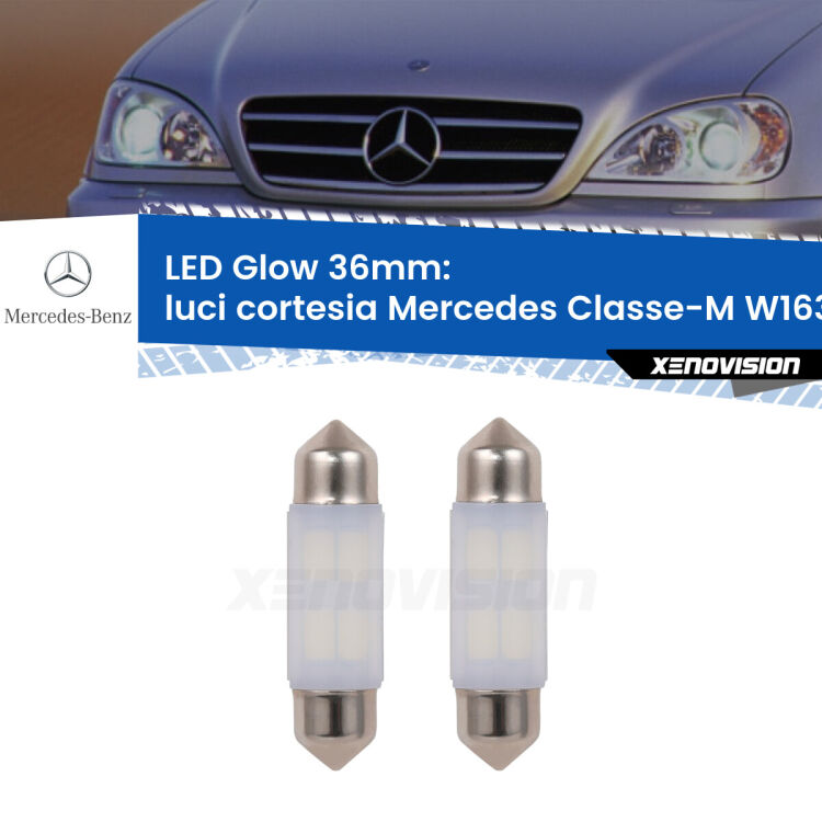 Luci Cortesia LED Mercedes Classe-M W163 posteriori: C5W Glow a Luce Calda (Coppia) <strong>Luci Cortesia LED luce calda per Mercedes Classe-M</strong> W163 posteriori. Coppia lampade <strong>C5W</strong> 36mm modello Glow di Xenovision.